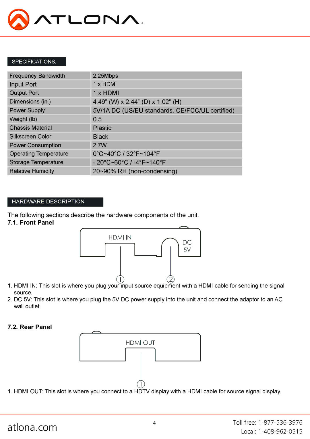 Atlona AT-HD550 user manual Front Panel, Rear Panel 