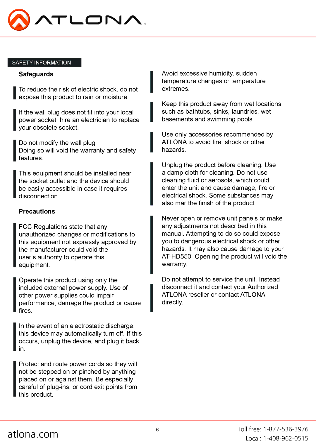 Atlona AT-HD550 user manual Safeguards, Precautions 