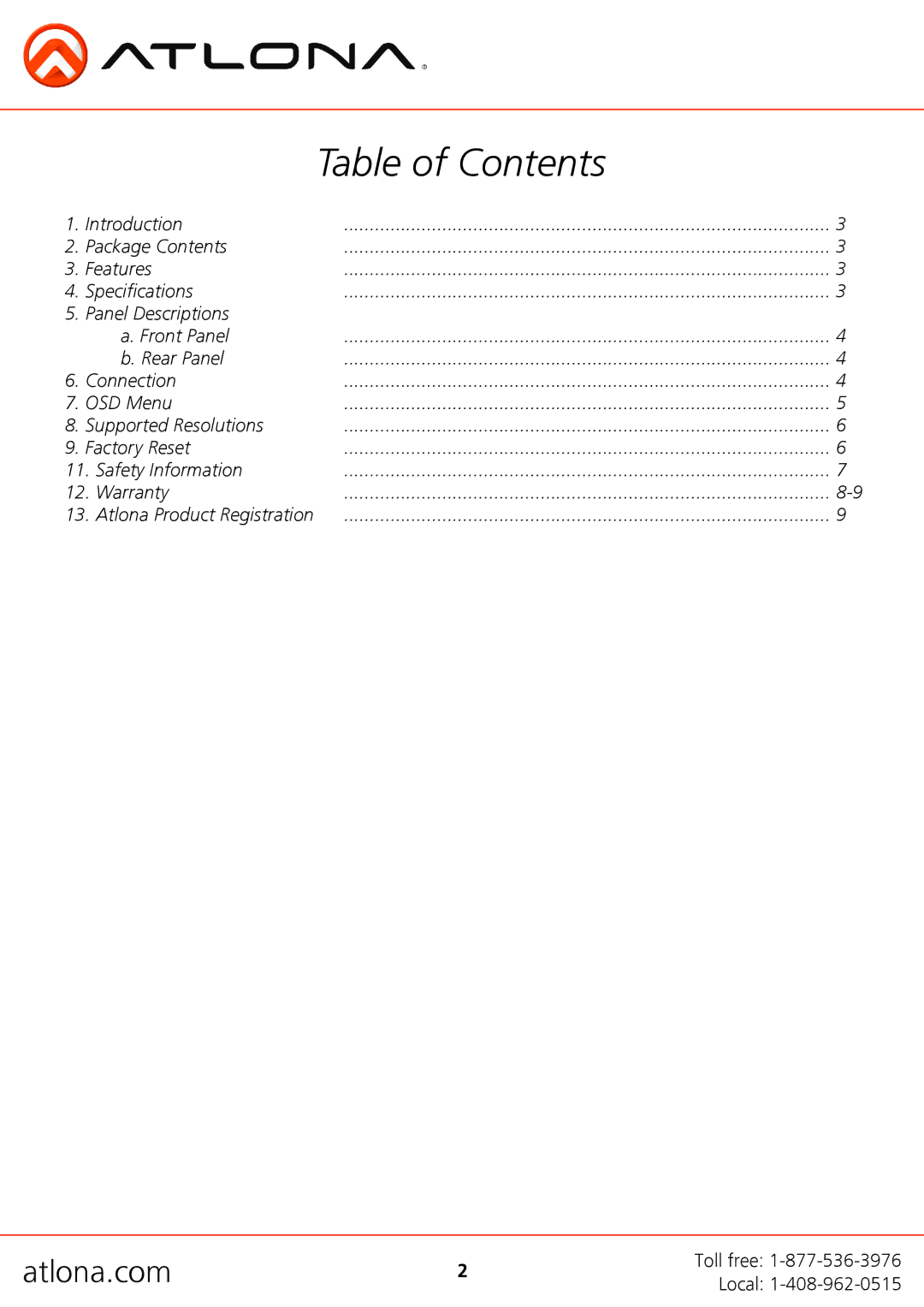 Atlona AT-HD560 user manual Table of Contents 