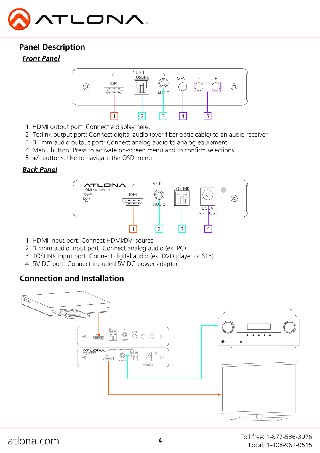 Atlona AT-HD560 user manual Panel Description, Connection and Installation 