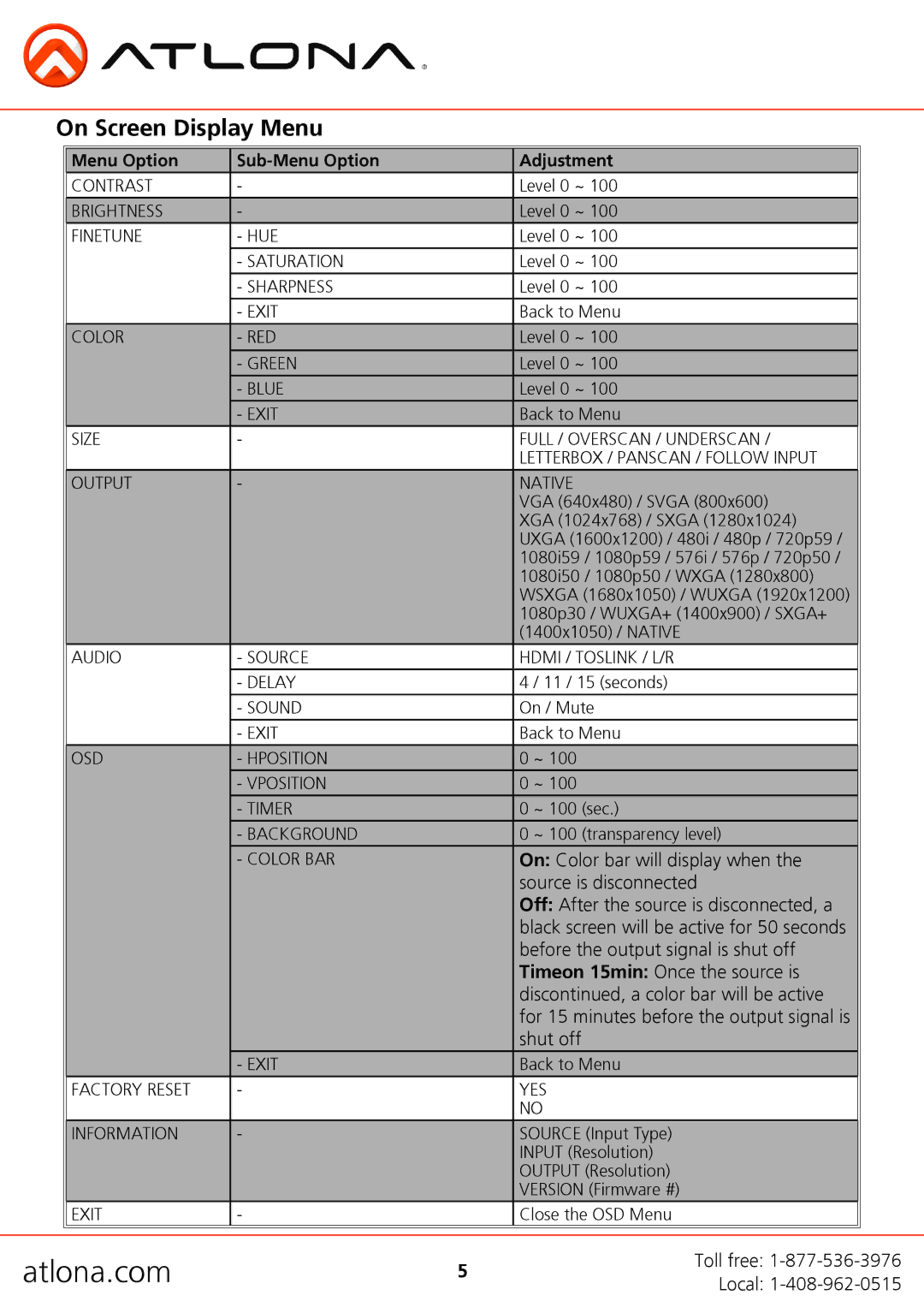 Atlona AT-HD560 user manual On Screen Display Menu, Menu Option Sub-Menu Option Adjustment 