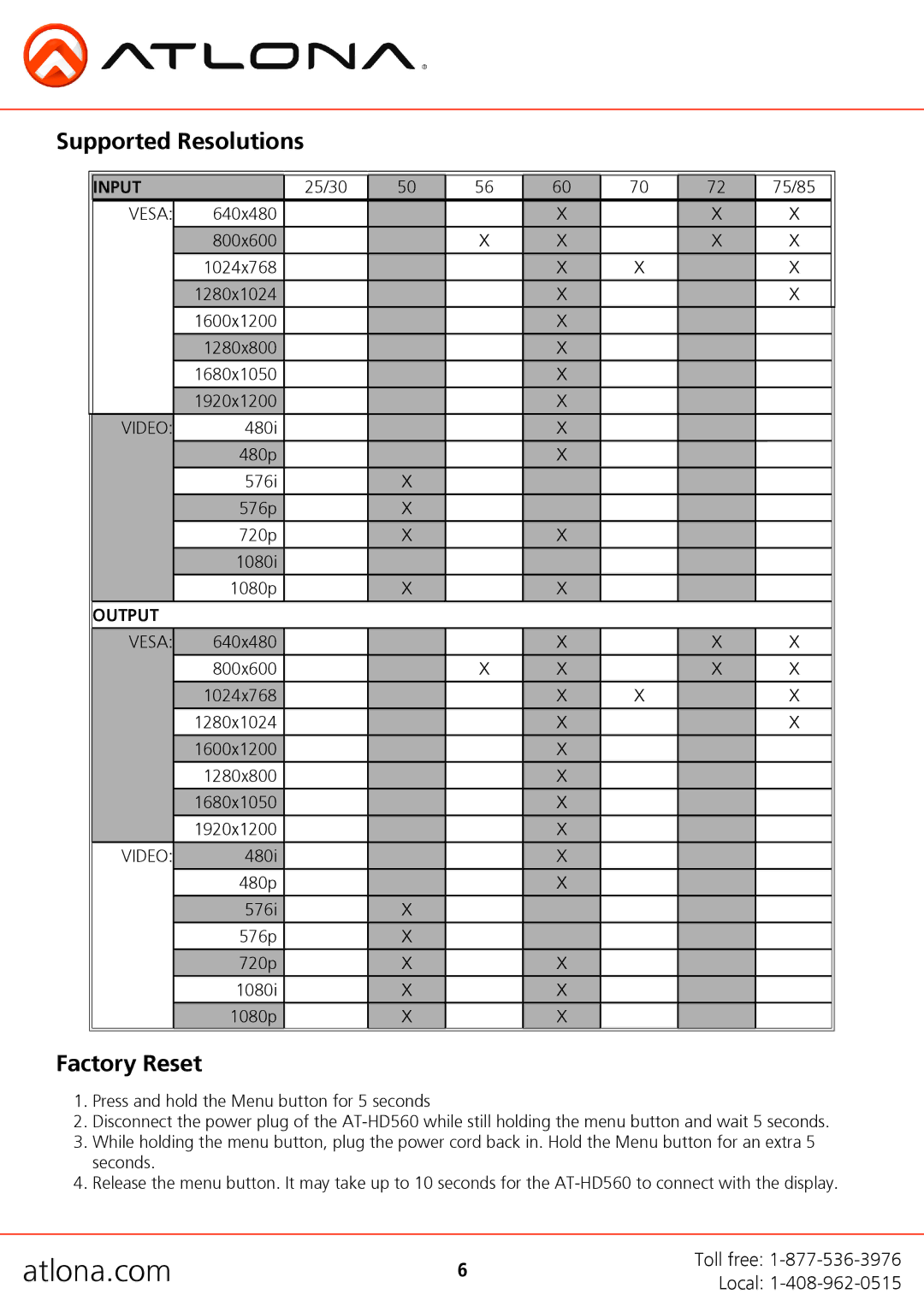 Atlona AT-HD560 user manual Supported Resolutions, Factory Reset 