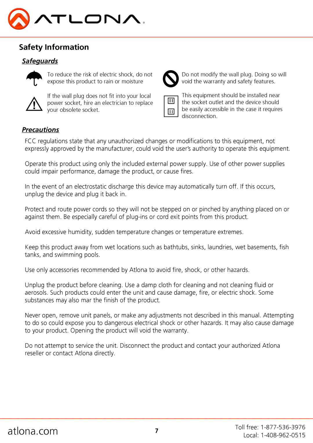 Atlona AT-HD560 user manual Safety Information, Safeguards 