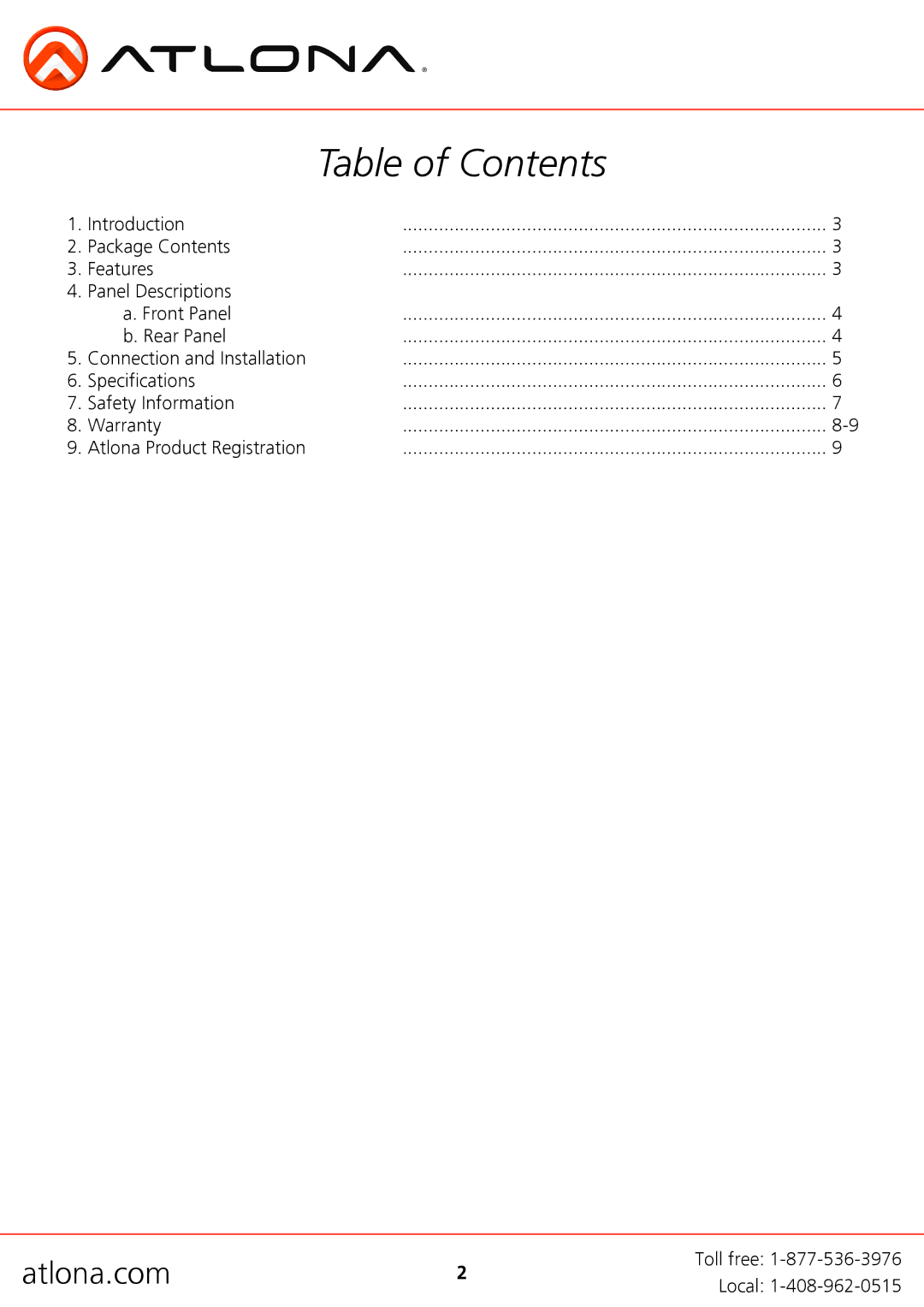 Atlona AT-HD570 user manual Table of Contents 