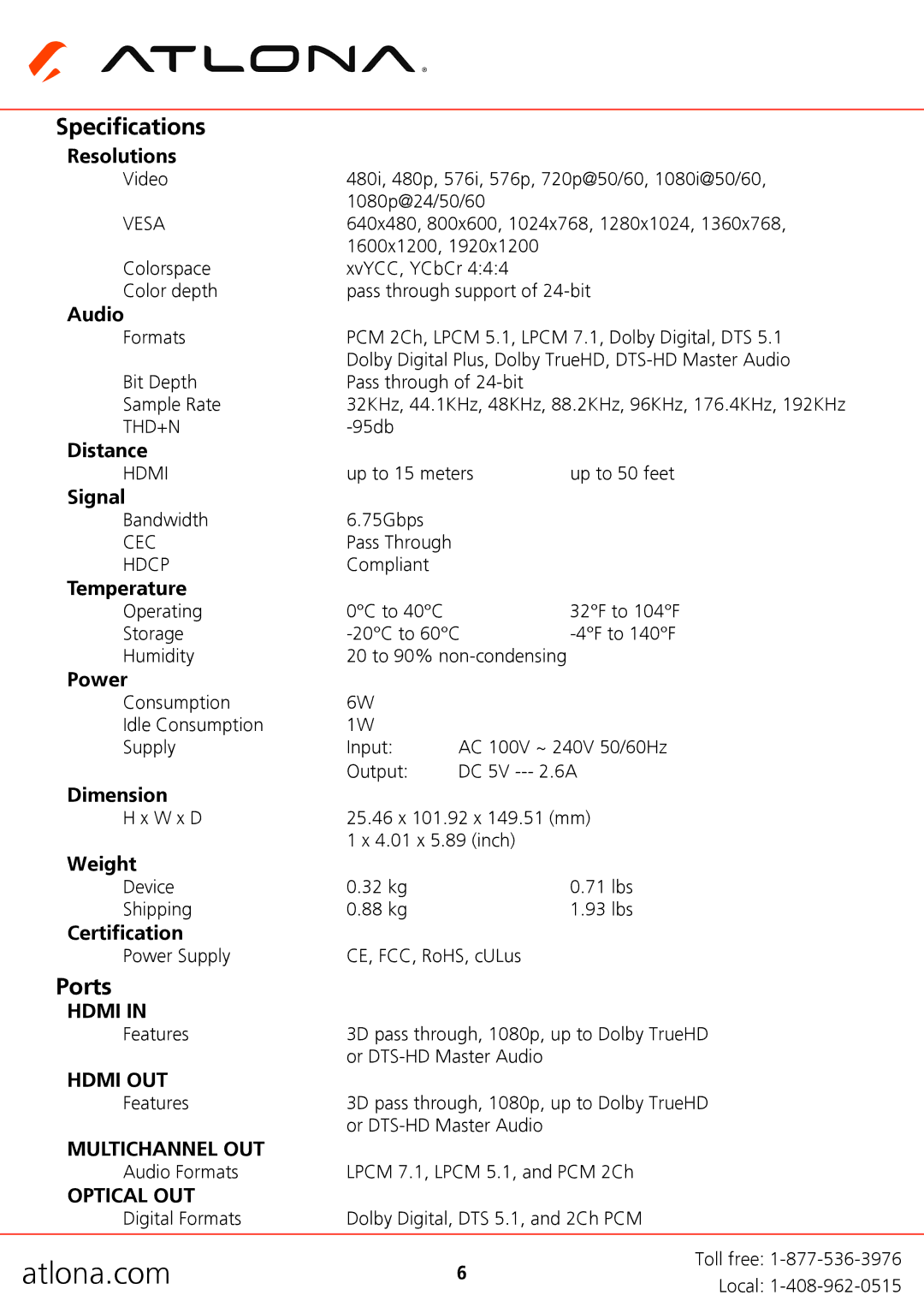 Atlona AT-HD570 user manual Specifications, Ports 