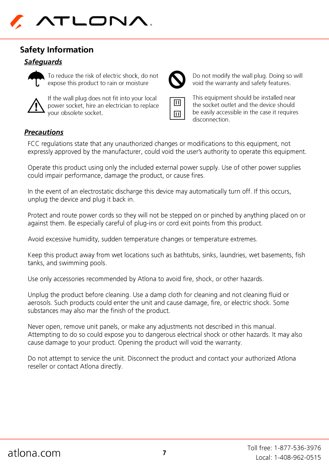 Atlona AT-HD570 user manual Safety Information, Safeguards 