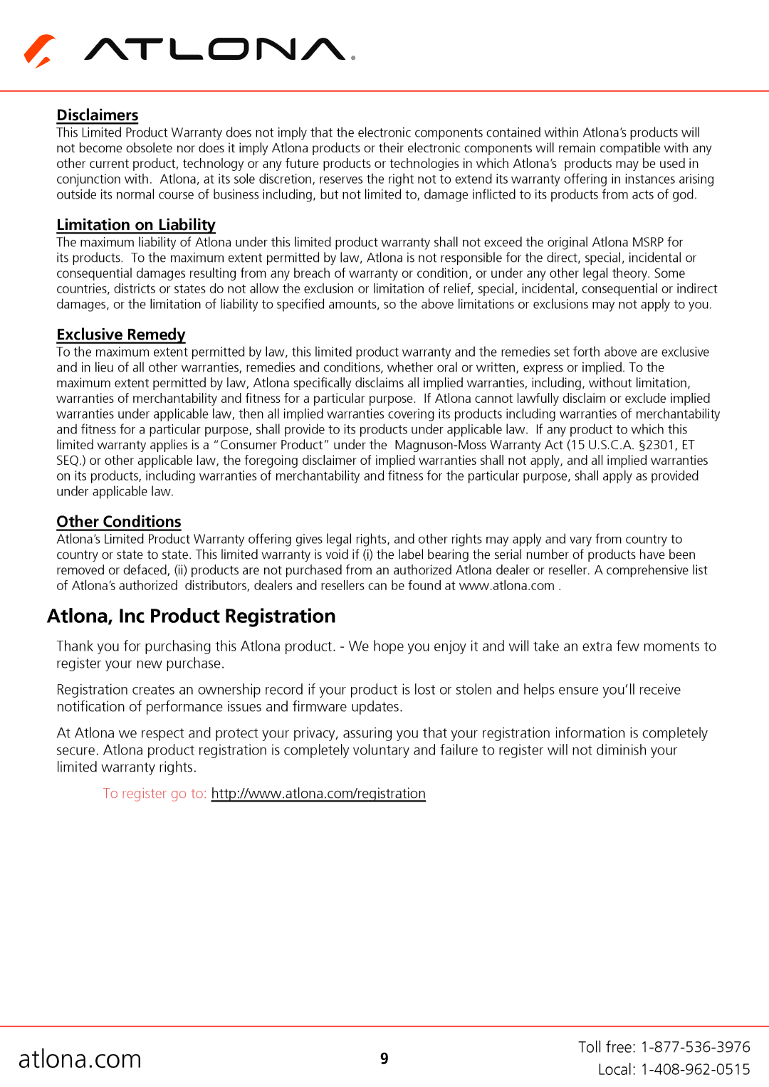 Atlona AT-HD570 user manual Atlona, Inc Product Registration, Disclaimers 