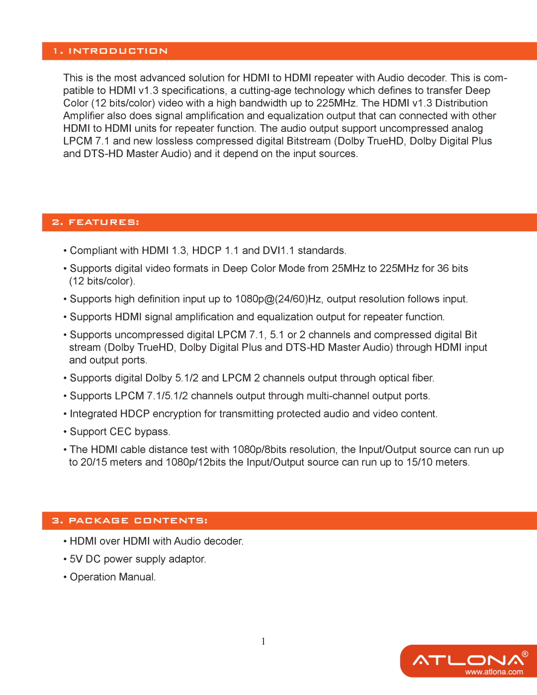 Atlona AT-HD570 user manual Introduction, Features, Package Contents 