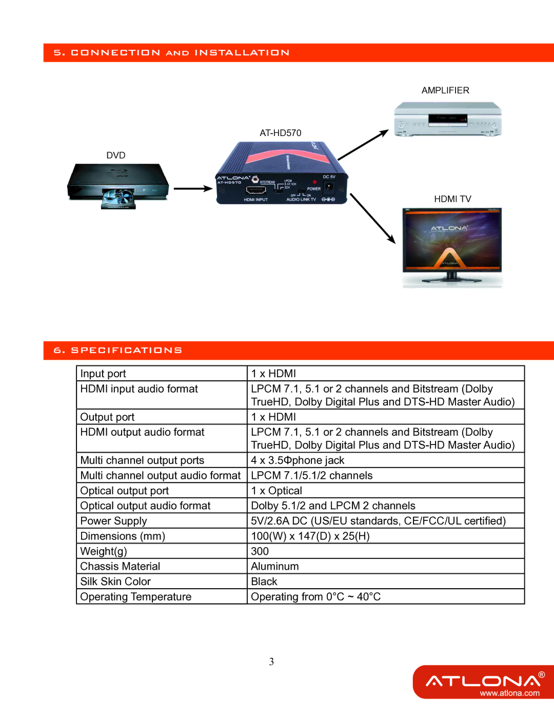 Atlona AT-HD570 user manual Connection and Installation, Specifications 