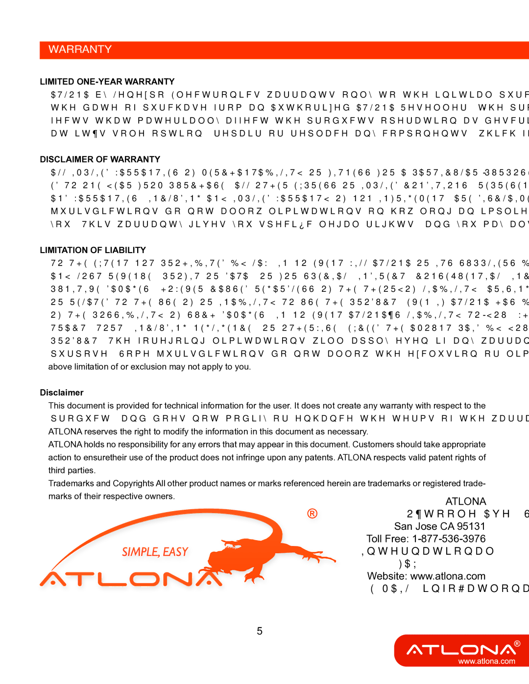 Atlona AT-HD570 user manual Limited ONE-YEAR Warranty Disclaimer of Warranty 