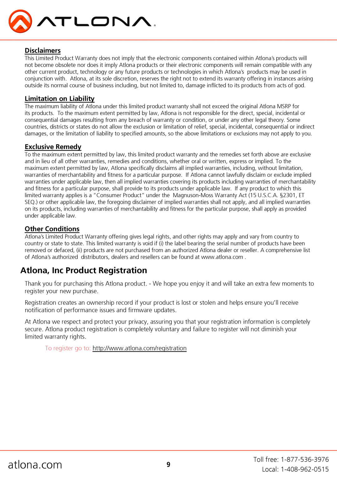 Atlona AT-HD570 Atlona, Inc Product Registration, atlona.com, Disclaimers, Limitation on Liability, Exclusive Remedy 