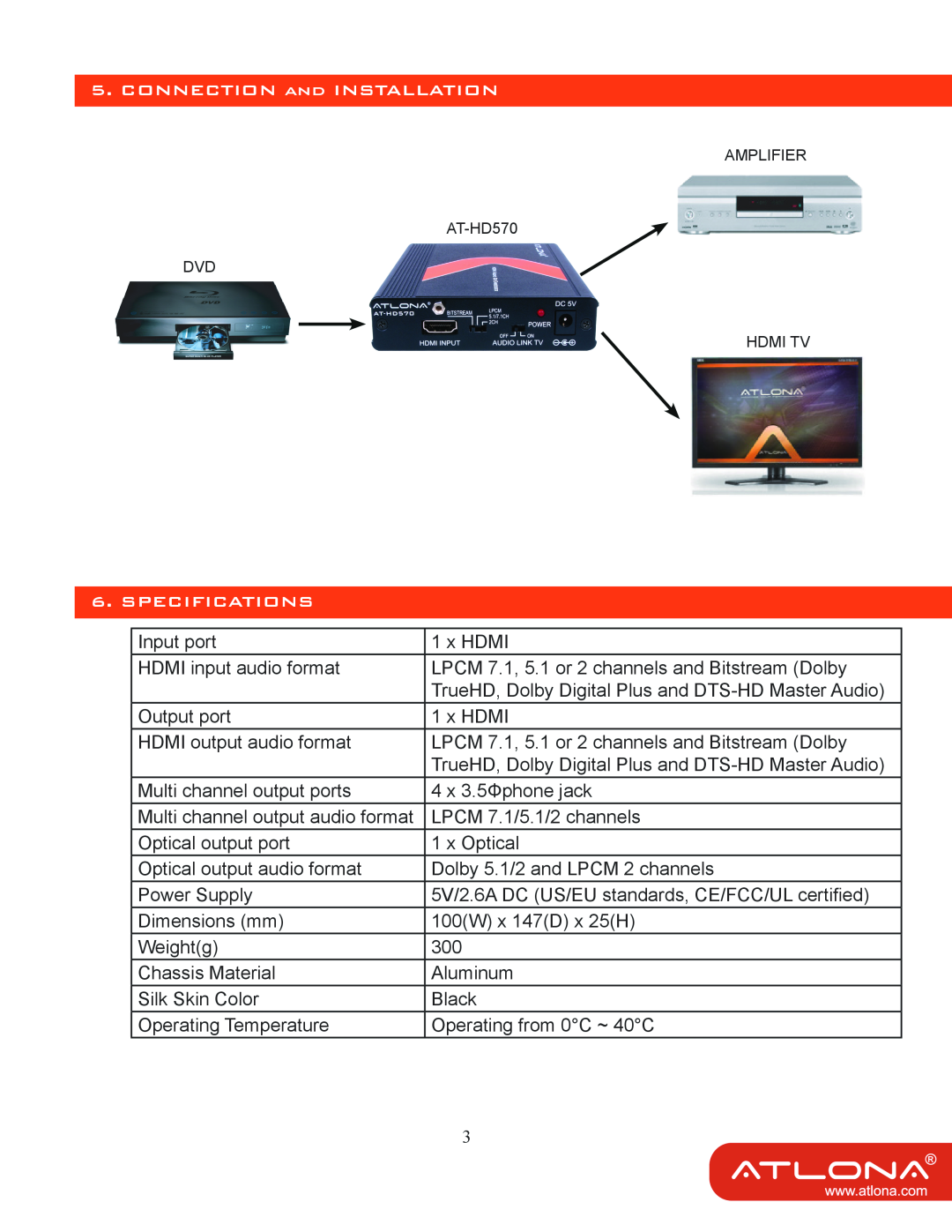 Atlona user manual Connection And Installation, Specifications, AMPLIFIER AT-HD570 DVD HDMI TV 