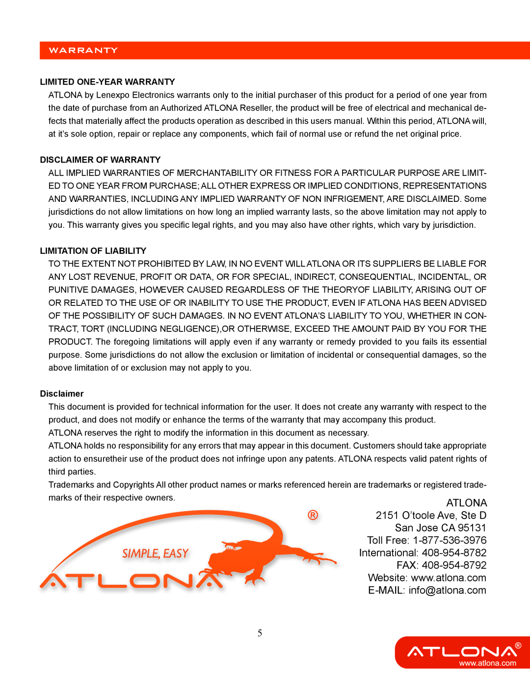 Atlona AT-HD570 user manual Limited One-Year Warranty, Disclaimer Of Warranty, Limitation Of Liability 