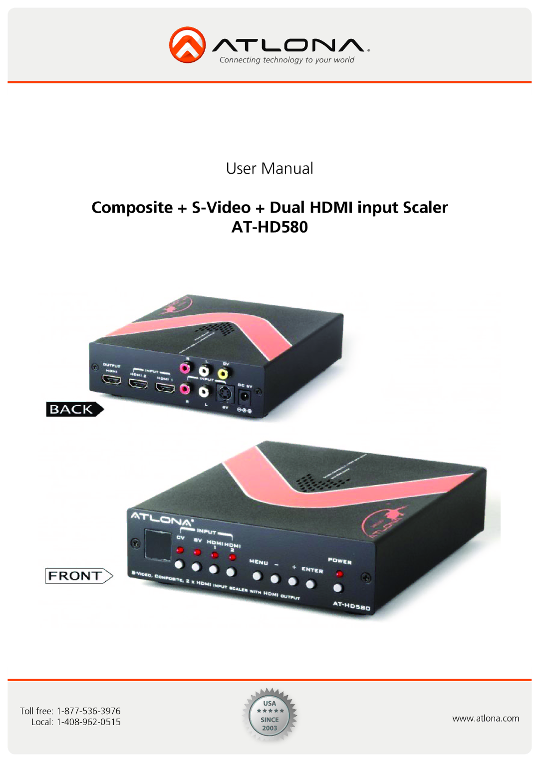 Atlona user manual Composite + S-Video + Dual Hdmi input Scaler AT-HD580 