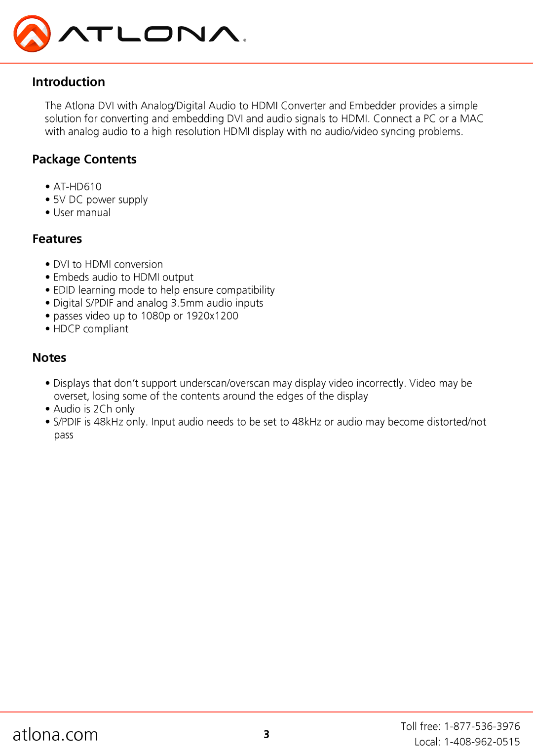 Atlona AT-HD610 user manual Introduction, Package Contents, Features 