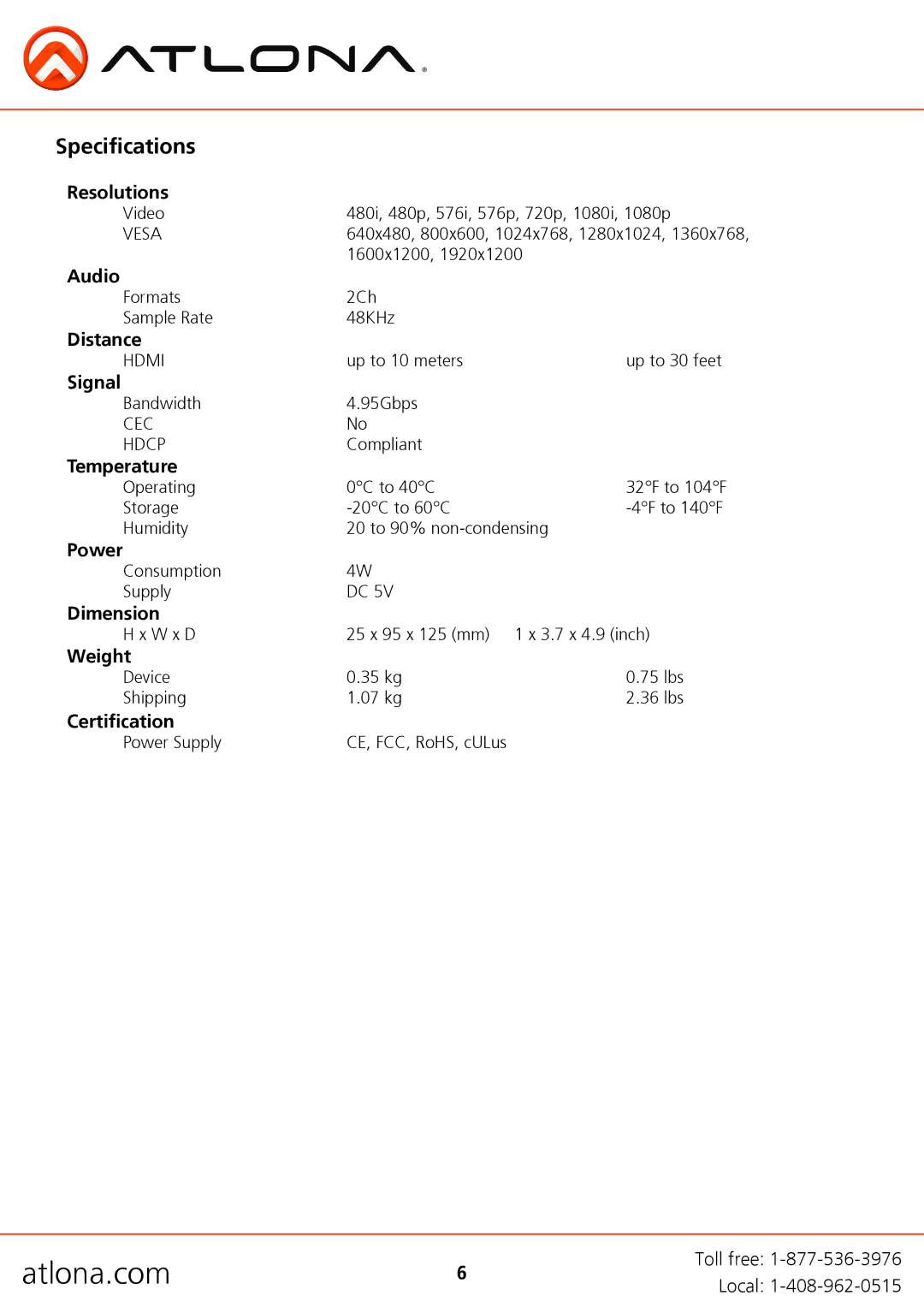 Atlona AT-HD610 user manual Specifications 