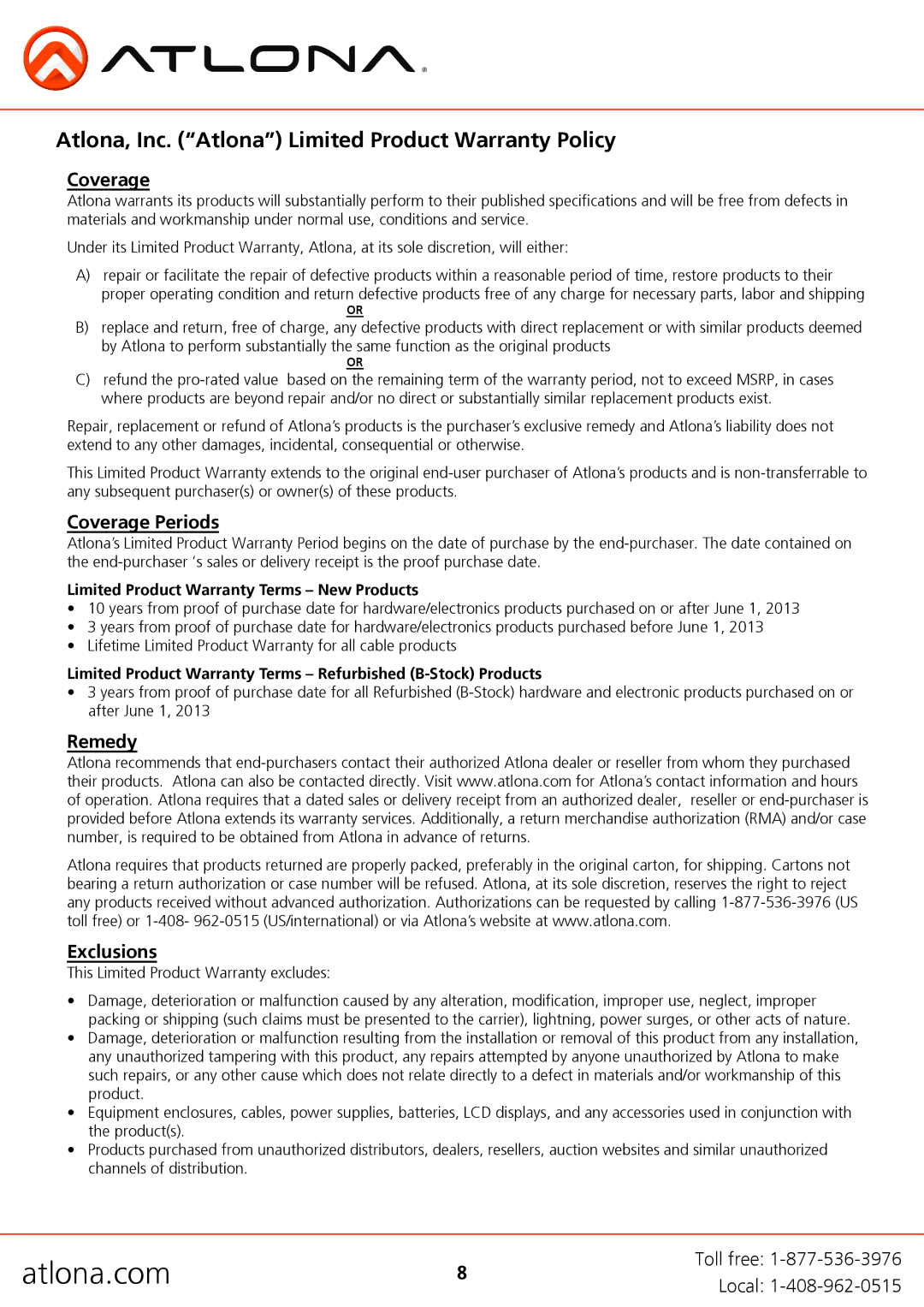 Atlona AT-HD610 user manual Atlona, Inc. Atlona Limited Product Warranty Policy, Coverage Periods, Remedy Exclusions 