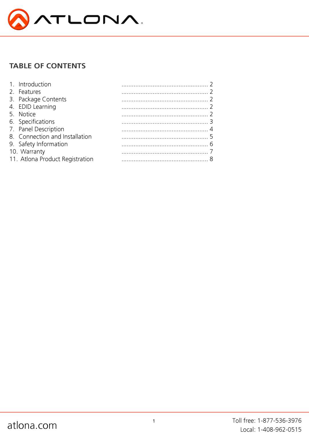 Atlona AT-HD610 user manual Table Of Contents, atlona.com 
