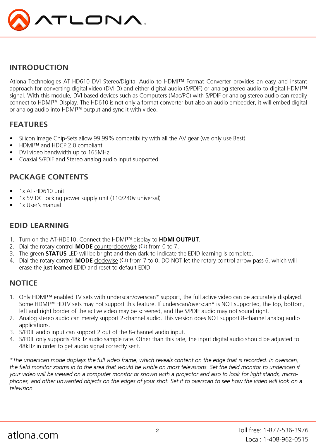 Atlona AT-HD610 user manual Introduction, Features, Package Contents, Edid Learning, atlona.com 