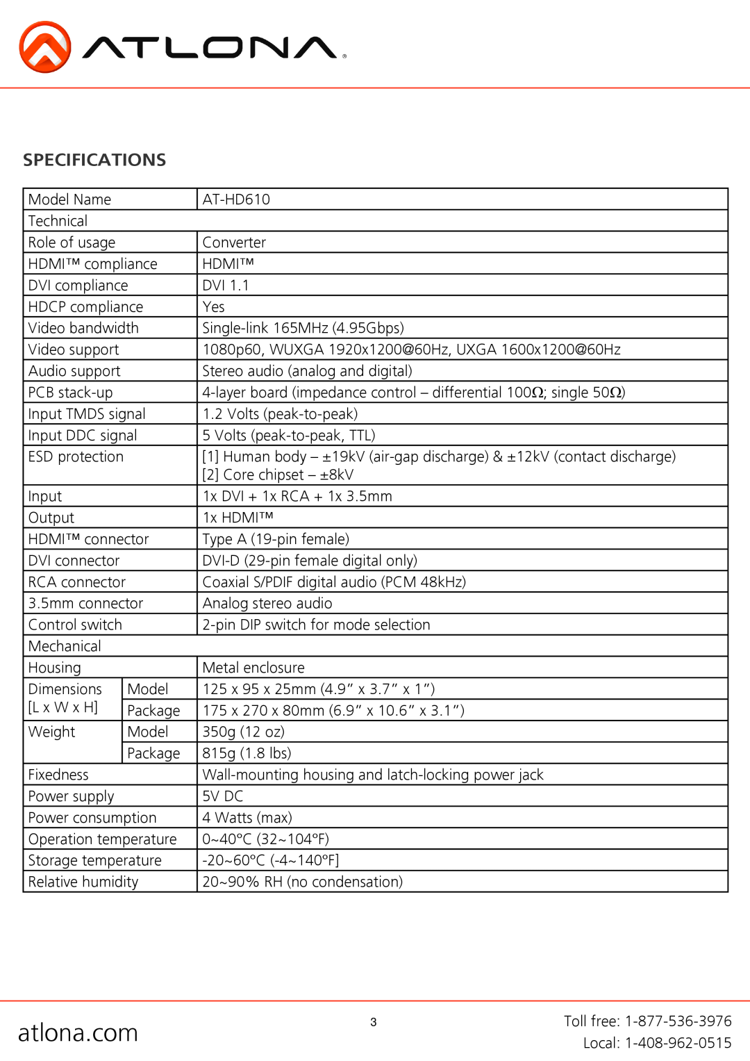 Atlona AT-HD610 user manual Specifications, atlona.com, ESD protection, RCA connector 