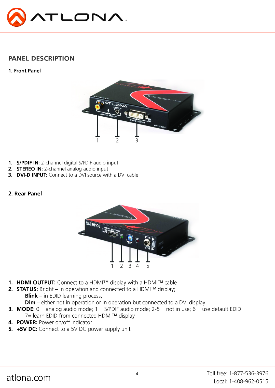 Atlona AT-HD610 user manual Panel Description, Rear Panel, atlona.com 