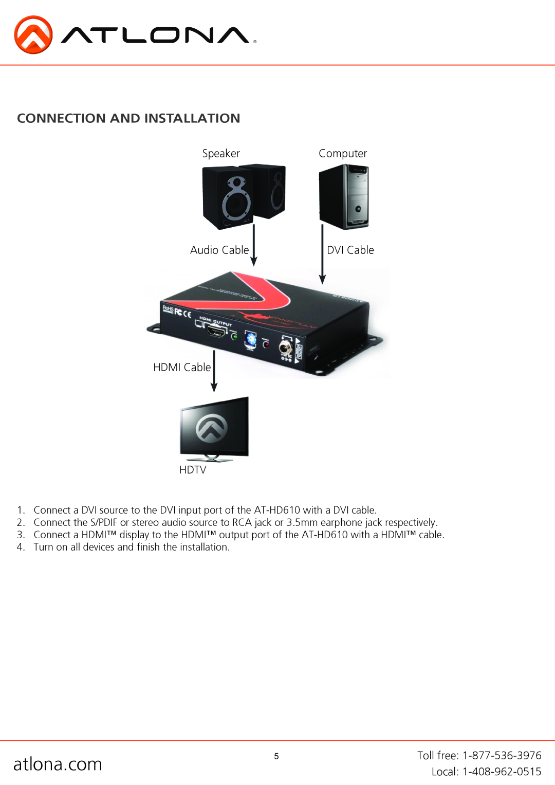 Atlona AT-HD610 user manual Connection And Installation, atlona.com 