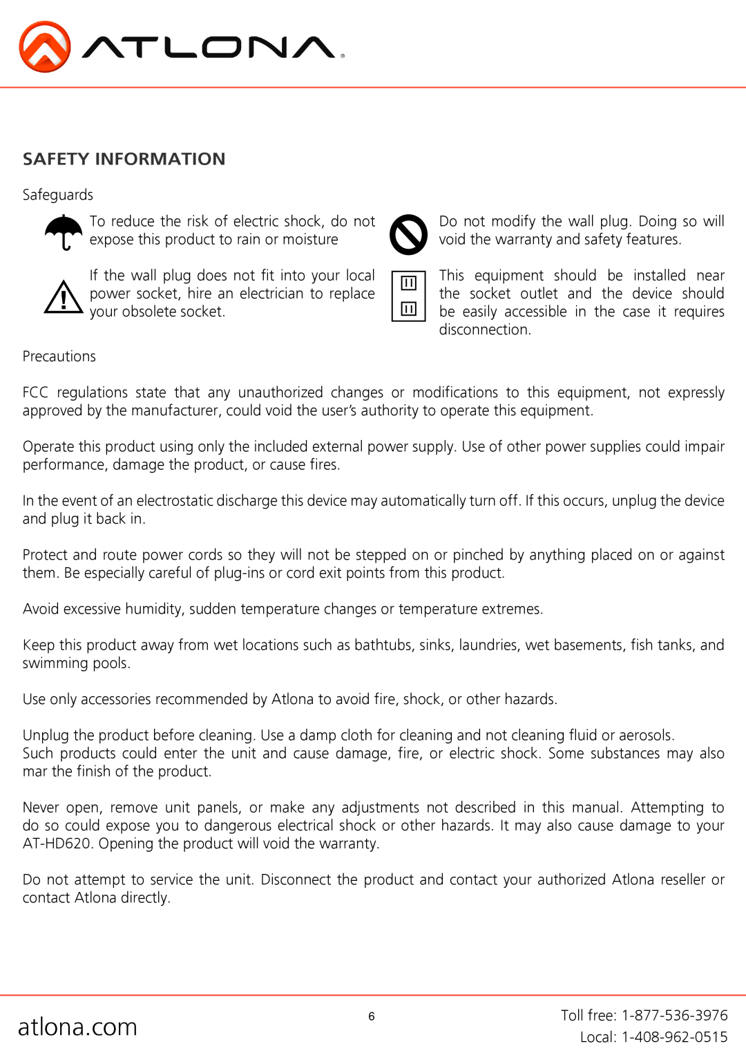 Atlona AT-HD610 user manual Safety Information, atlona.com 