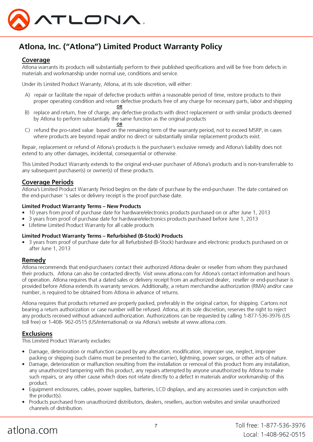 Atlona AT-HD610 user manual Atlona, Inc. “Atlona” Limited Product Warranty Policy, Coverage Periods, Remedy, Exclusions 