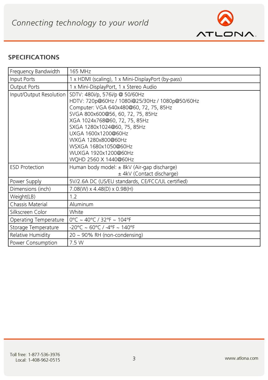 Atlona AT-HD620 user manual Specifications 