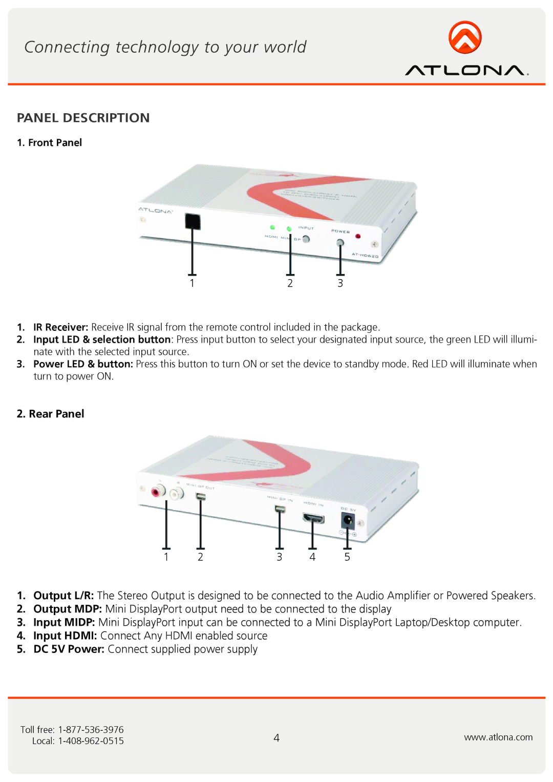 Atlona AT-HD620 user manual Panel Description, Front Panel 