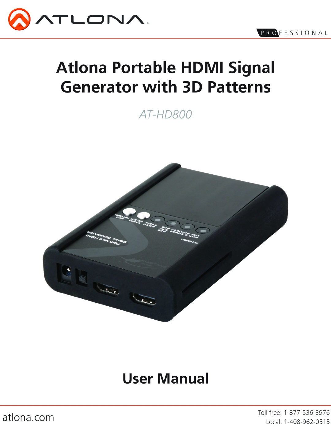 Atlona AT-HD800 user manual atlona.com, Atlona Portable HDMI Signal Generator with 3D Patterns, User Manual, Toll free 