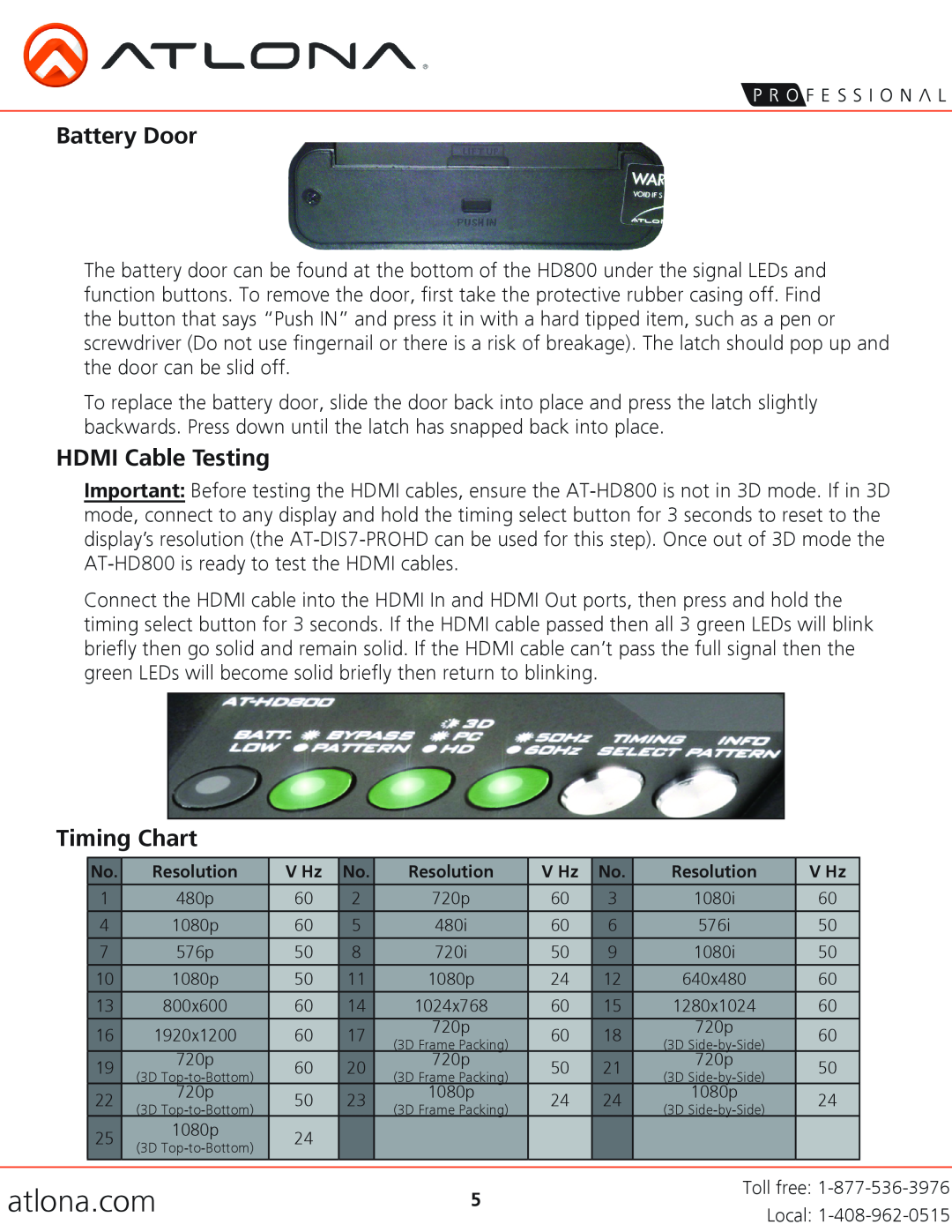 Atlona AT-HD800 user manual Battery Door, HDMI Cable Testing, Timing Chart, atlona.com 