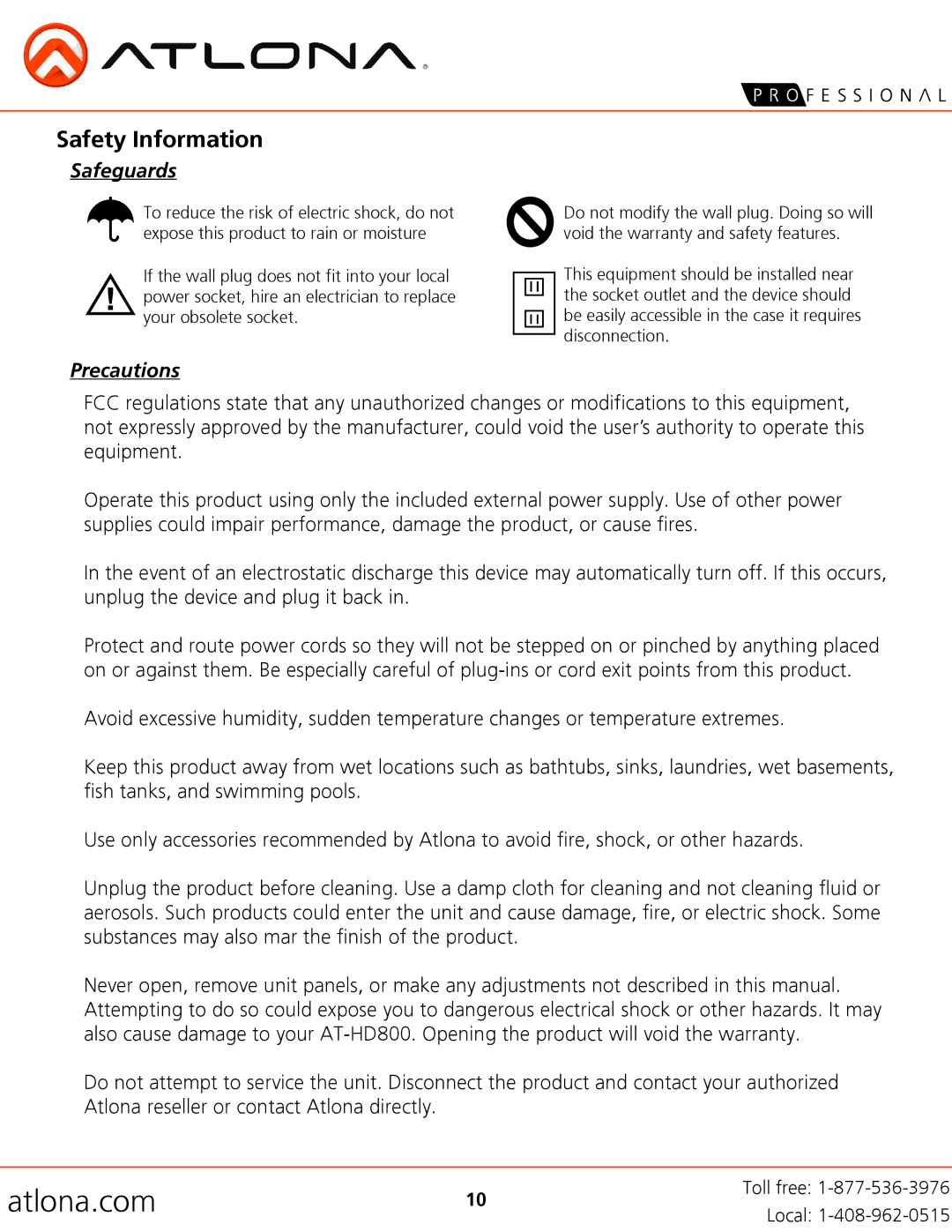 Atlona AT-HD800 user manual Safety Information, Safeguards 