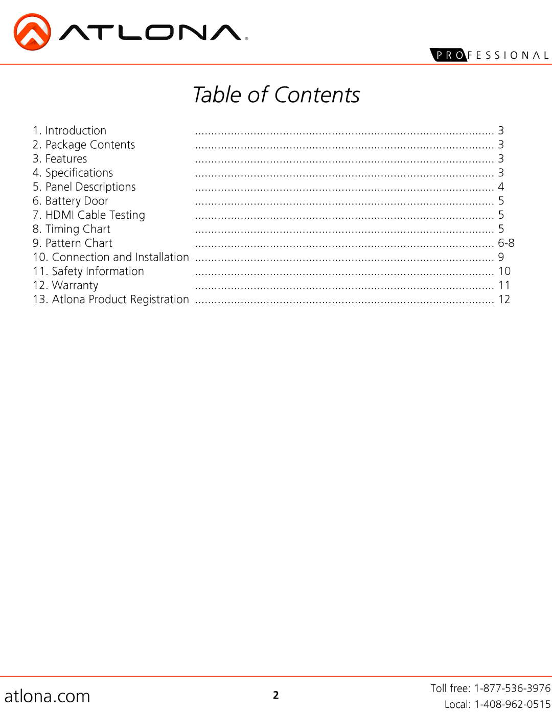 Atlona AT-HD800 user manual Table of Contents 