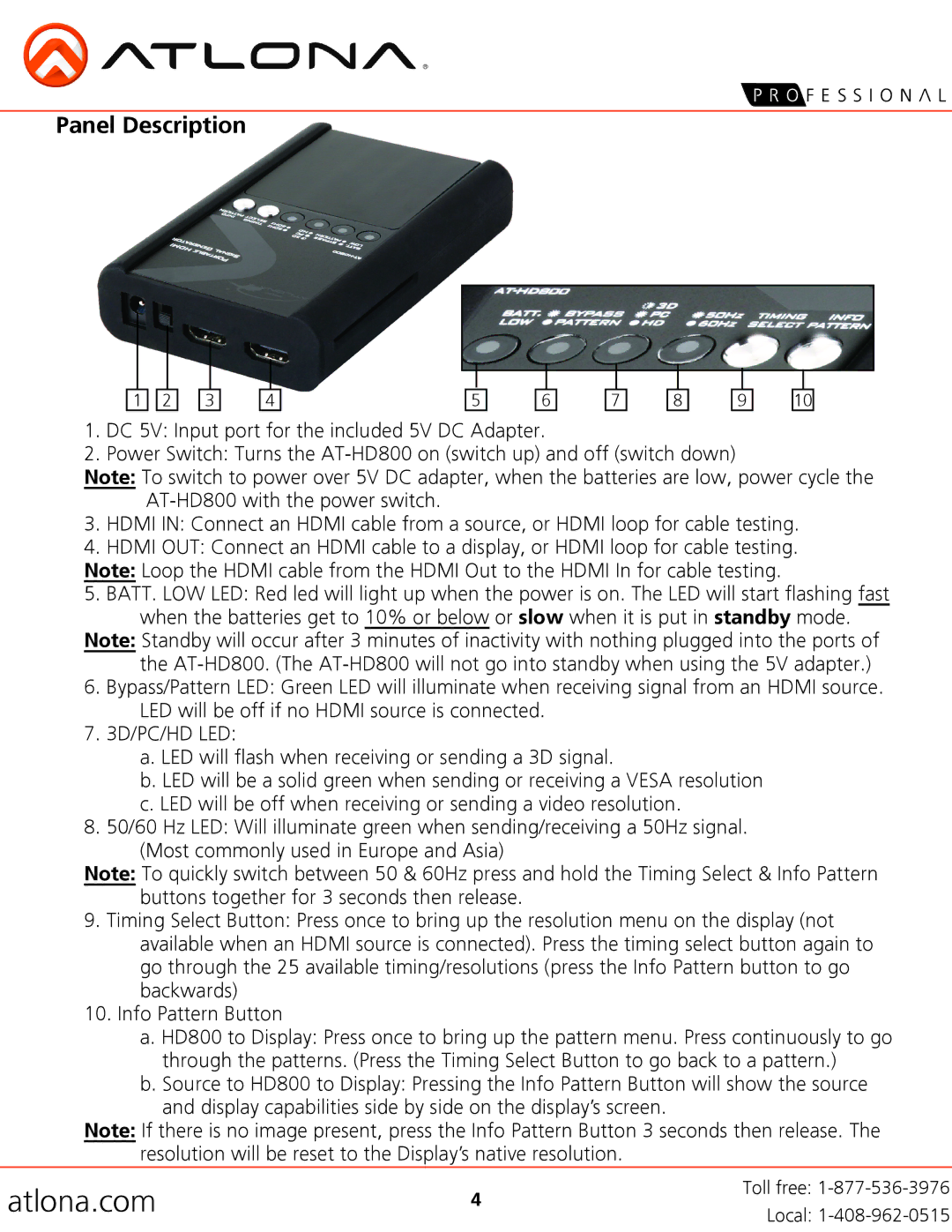 Atlona AT-HD800 user manual Panel Description 