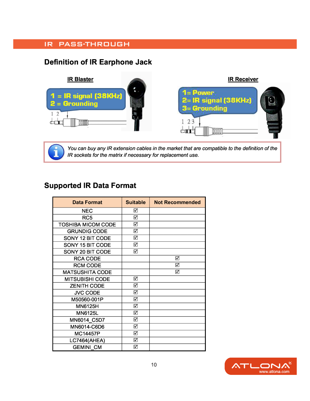 Atlona AT-HD88M-SR manual Definition of IR Earphone Jack, Supported IR Data Format, IR Blaster, IR Receiver, Suitable 