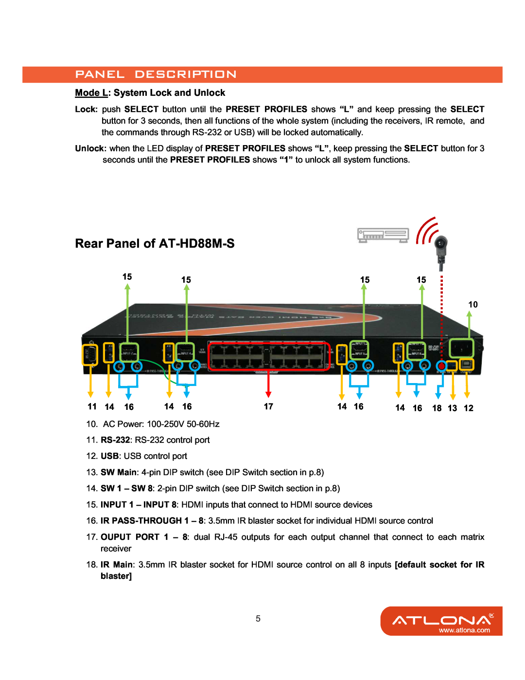 Atlona AT-HD88M-SR manual Rear Panel of AT-HD88M-S, Mode L System Lock and Unlock 