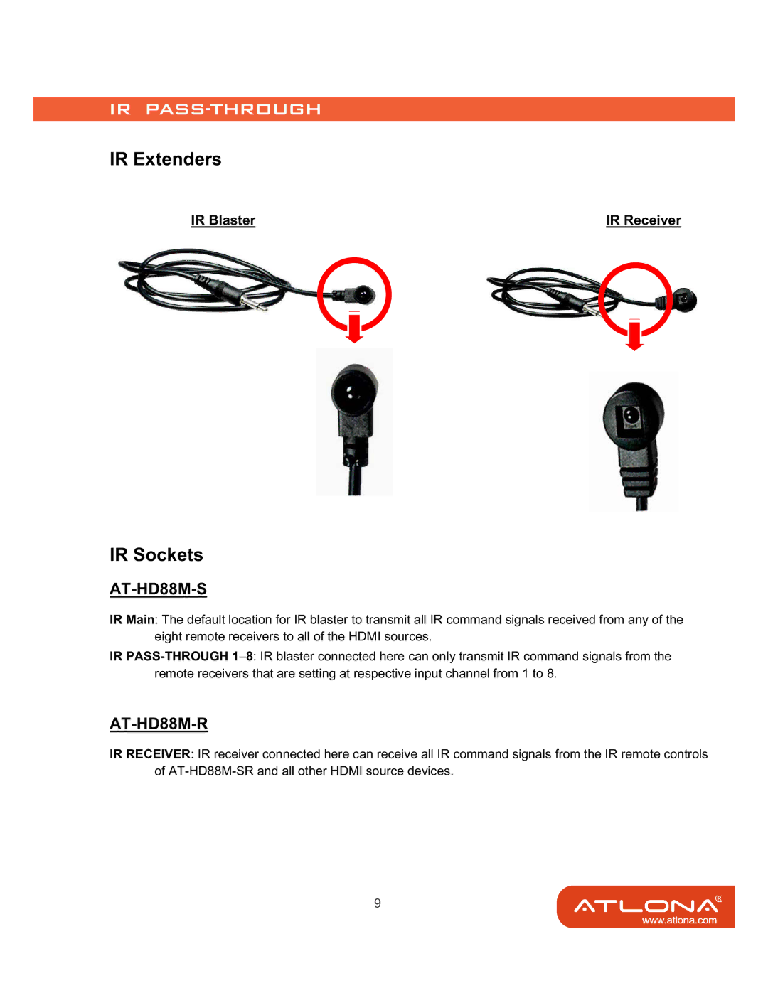 Atlona AT-HD88M-SR manual IR Extenders, IR Sockets, IR Blaster IR Receiver 