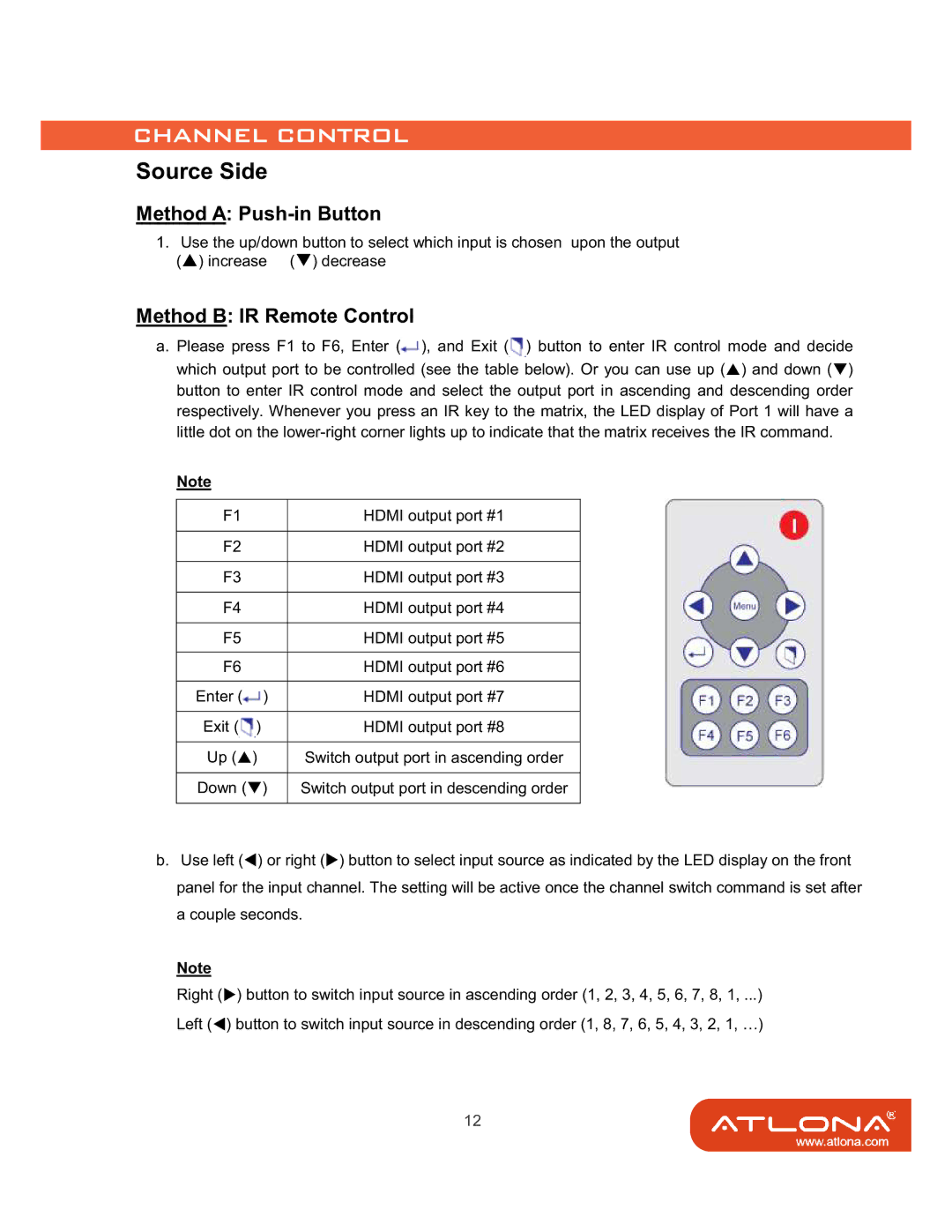 Atlona AT-HD88M-SR manual Source Side, Method a Push-in Button, Method B IR Remote Control 