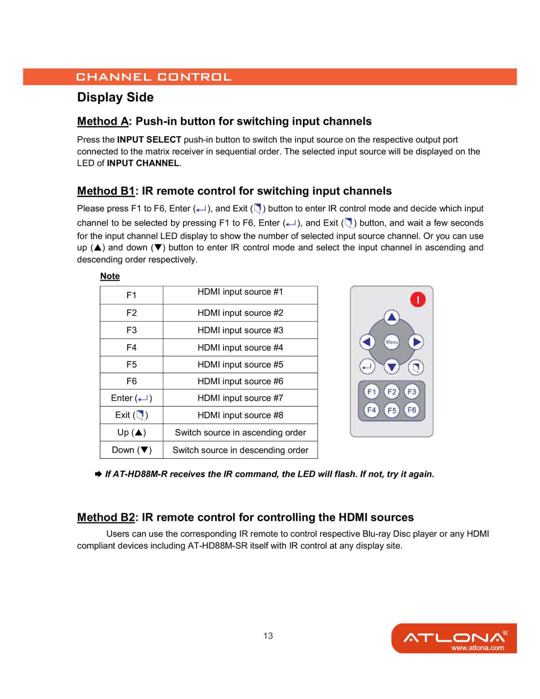 Atlona AT-HD88M-SR manual Display Side, Method a Push-in button for switching input channels 