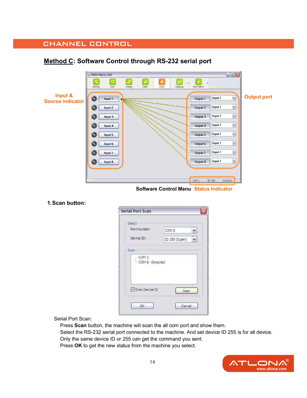 Atlona AT-HD88M-SR manual Method C Software Control through RS-232 serial port, Scan button 