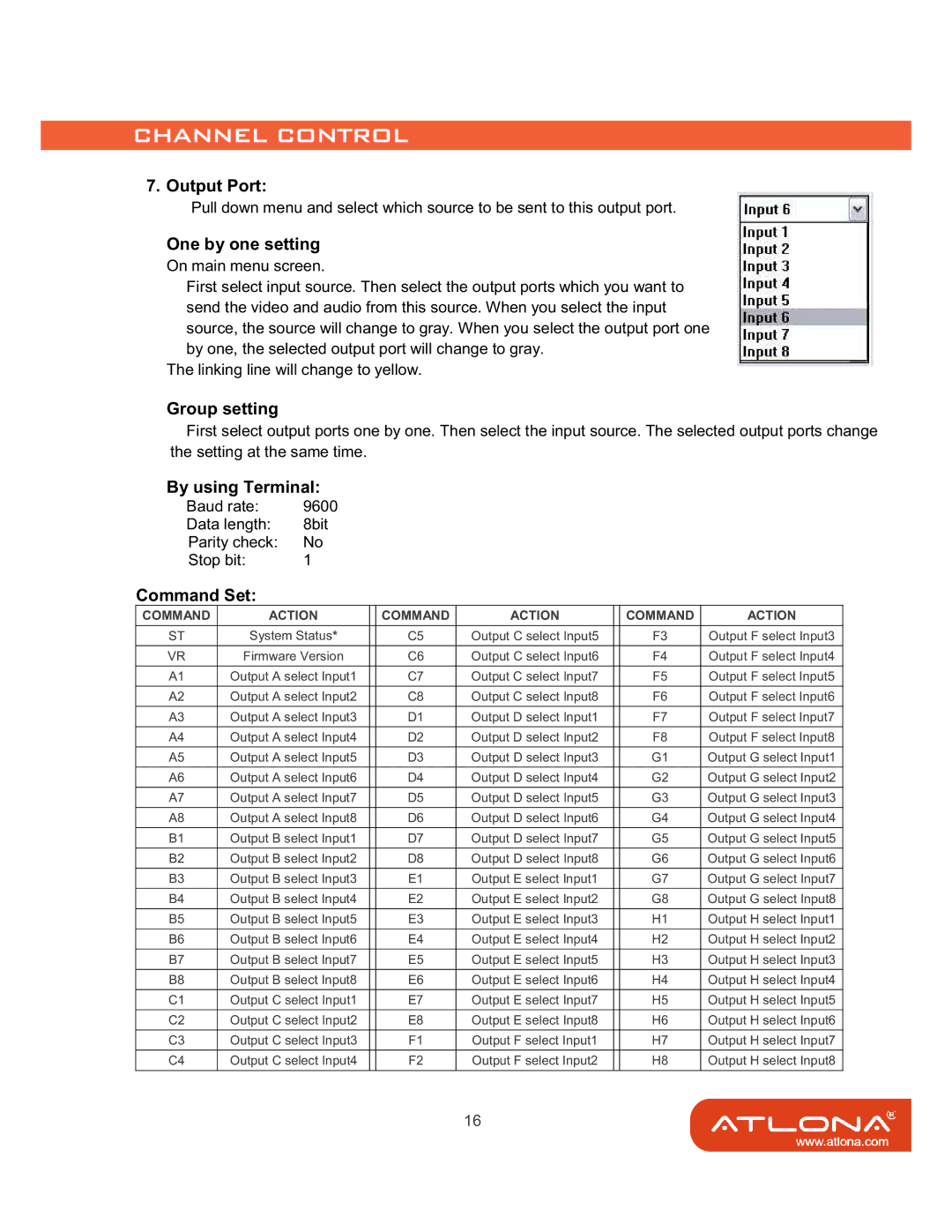 Atlona AT-HD88M-SR manual Output Port, One by one setting, Group setting, By using Terminal, Command Set 