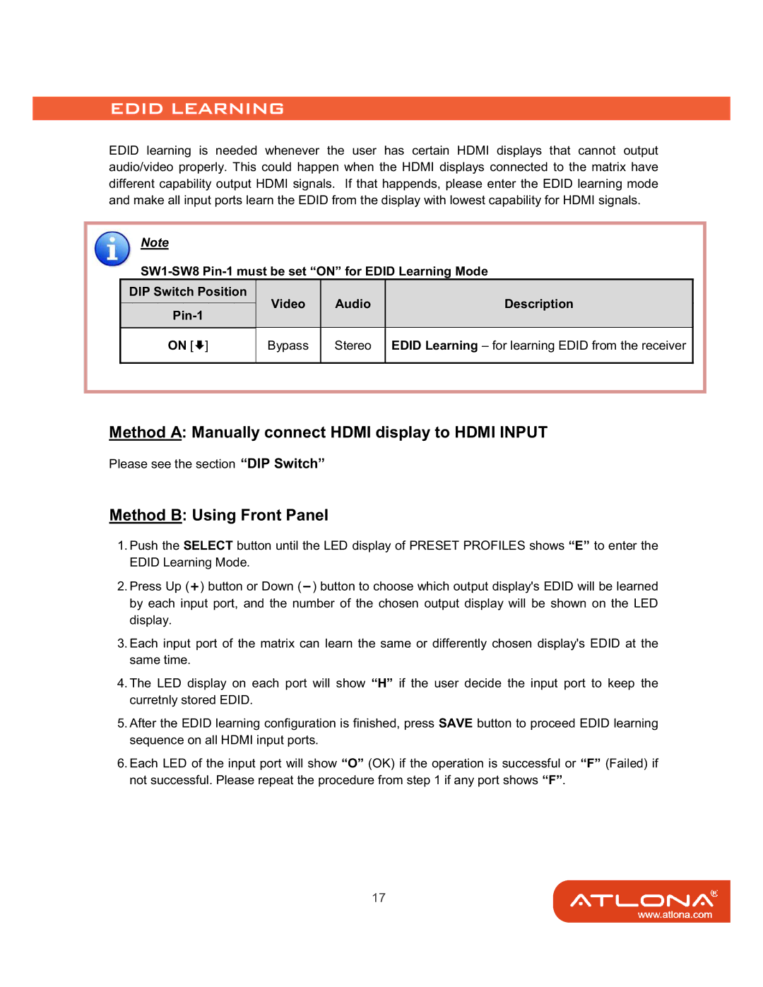 Atlona AT-HD88M-SR manual Method a Manually connect Hdmi display to Hdmi Input, Method B Using Front Panel 