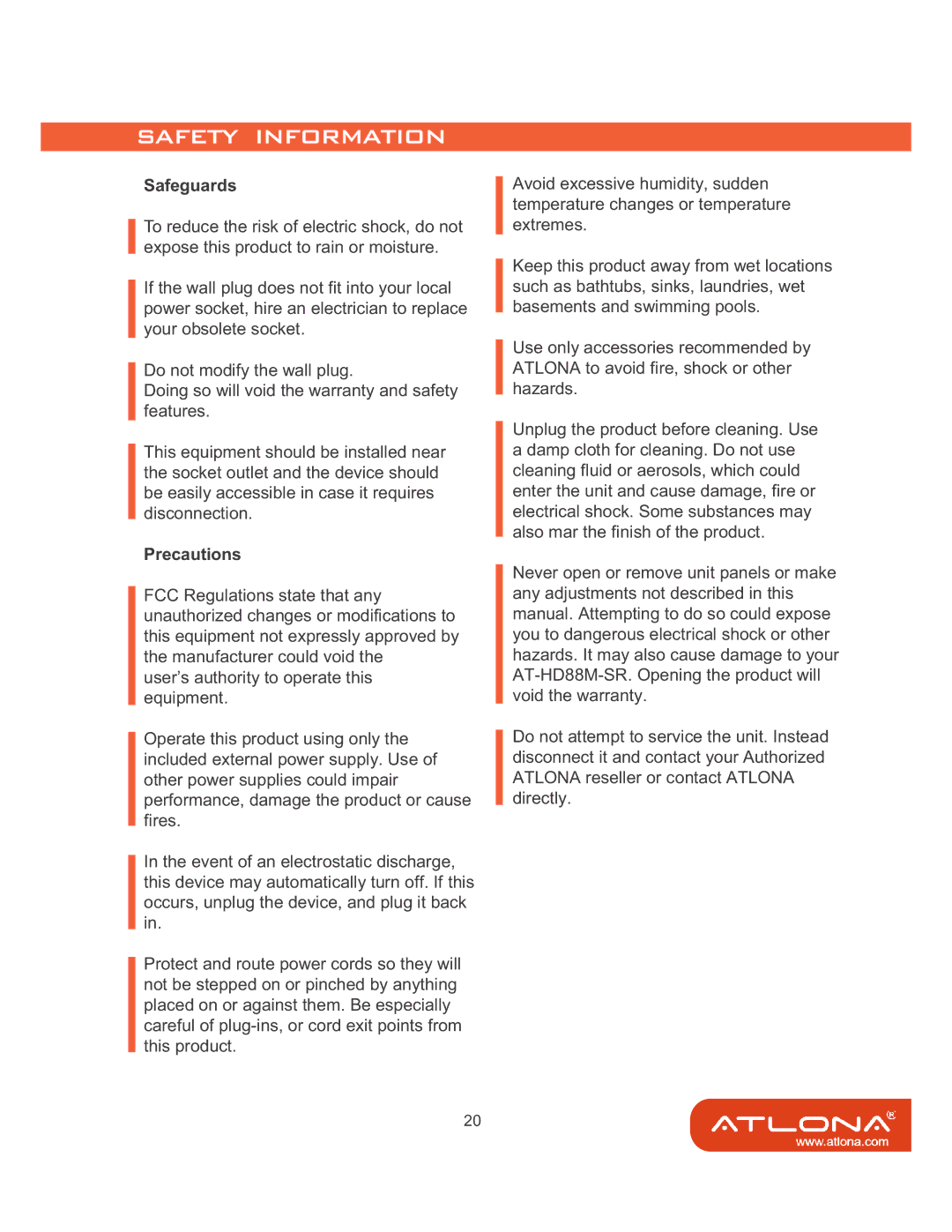 Atlona AT-HD88M-SR manual Safeguards 