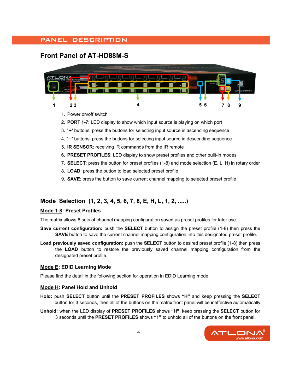 Atlona AT-HD88M-SR Front Panel of AT-HD88M-S, Mode Selection 1, 2, 3, 4, 5, 6, 7, 8, E, H, L, 1, Mode 1-8 Preset Profiles 