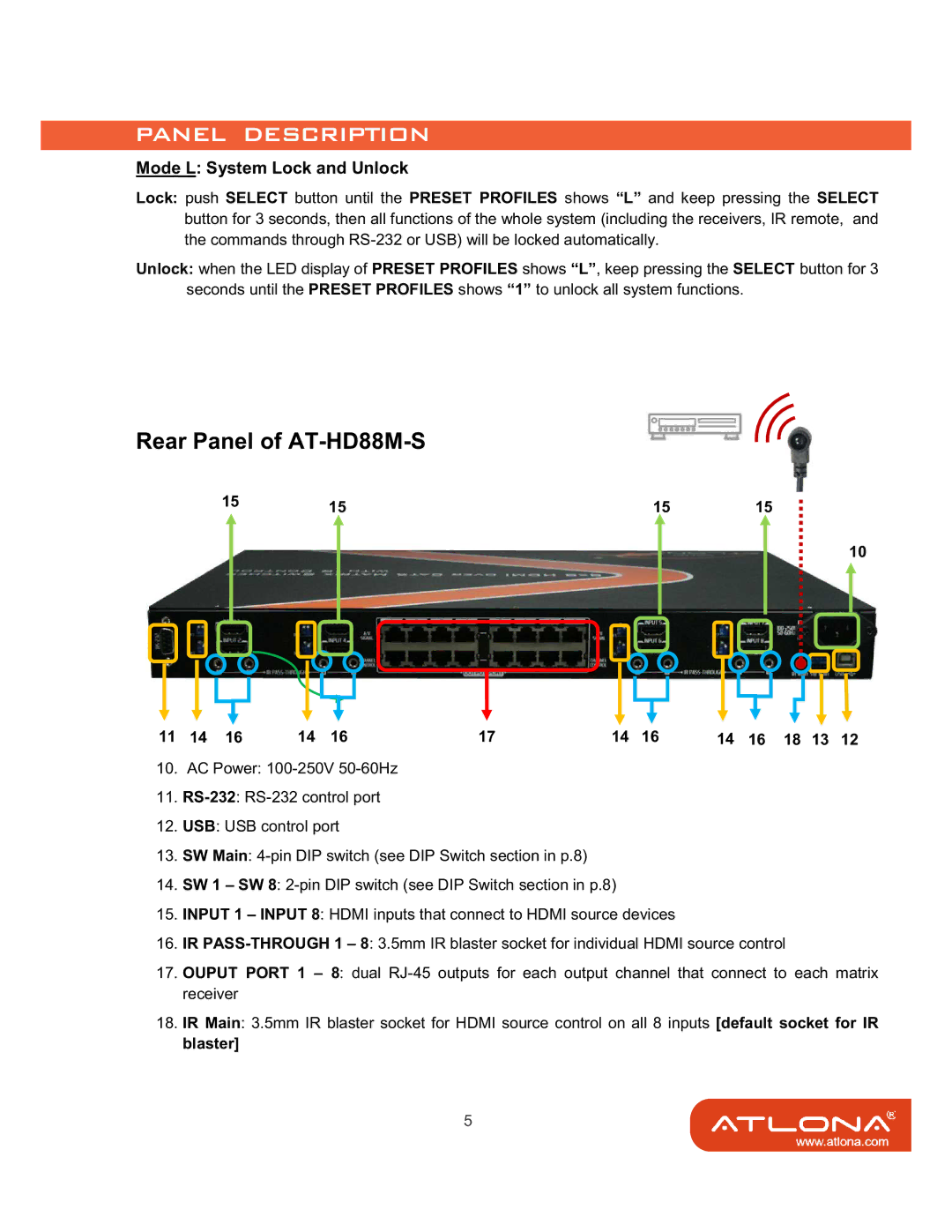 Atlona AT-HD88M-SR manual Rear Panel of AT-HD88M-S, Mode L System Lock and Unlock 