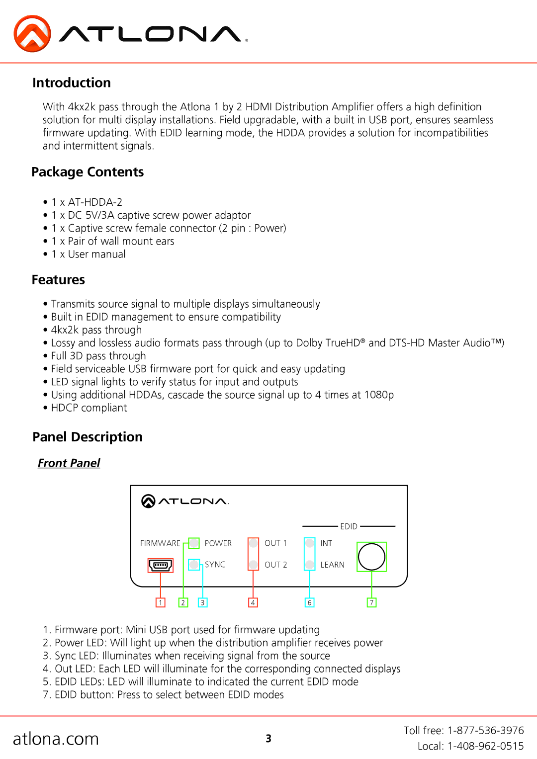 Atlona AT-HDDA-2 user manual Introduction, Package Contents, Features, Panel Description 