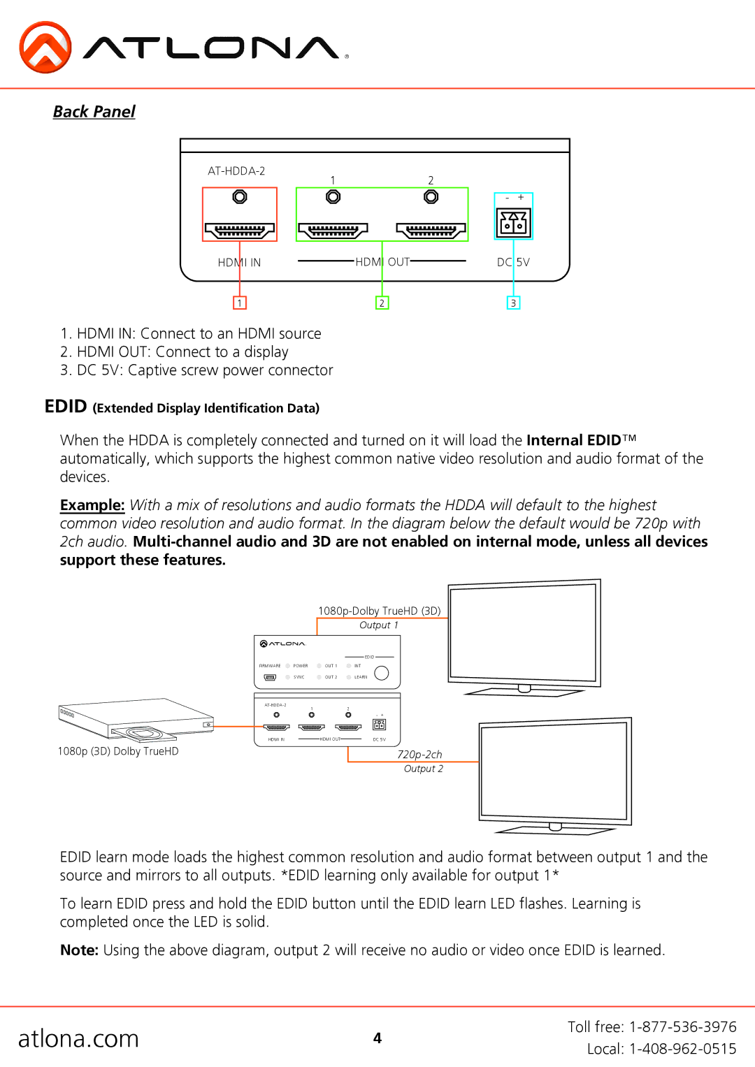 Atlona AT-HDDA-2 user manual Back Panel 