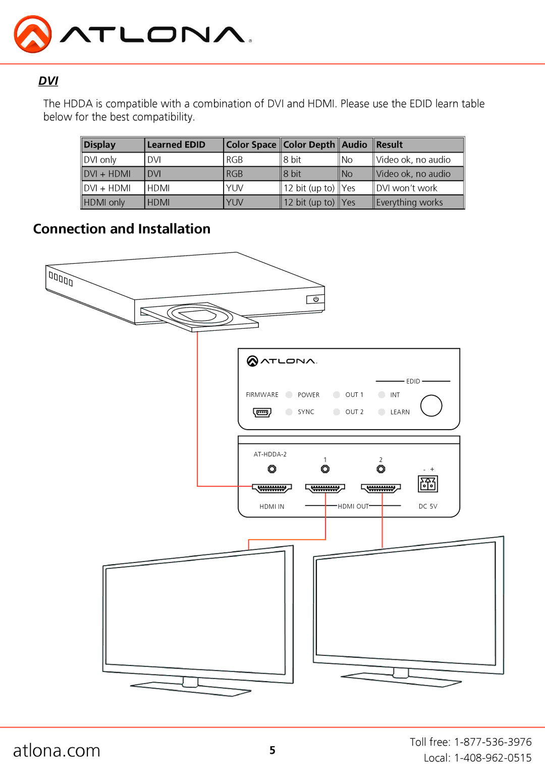 Atlona AT-HDDA-2 user manual Connection and Installation, Dvi 