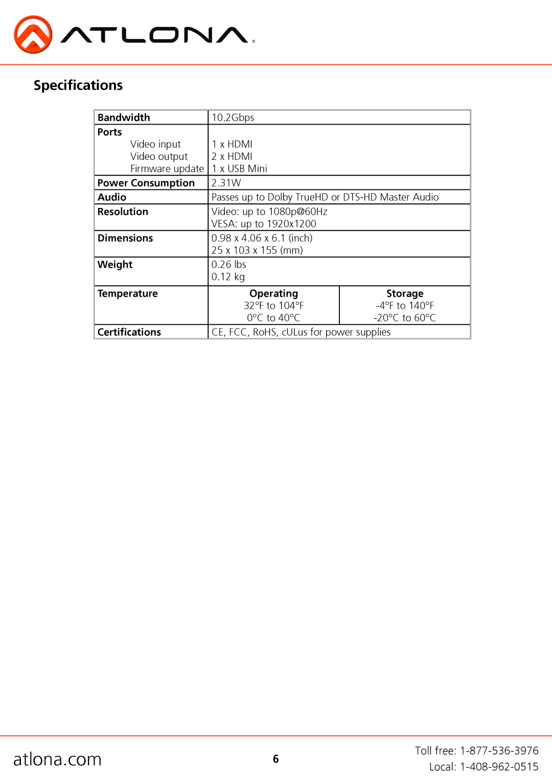 Atlona AT-HDDA-2 user manual Specifications 